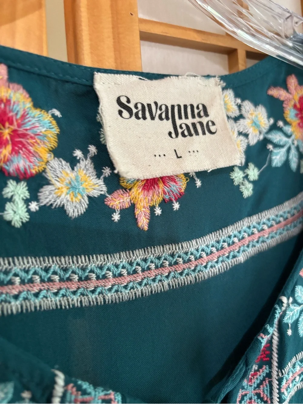 SAVANNAH JANE flowy rayon EMBROIDERED TOP summer boho garden TEAL GREEN large - Picture 3 of 6